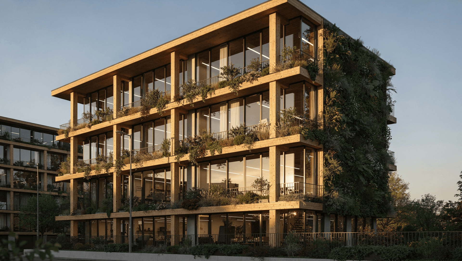Duurzaam gebouw met houten gevel en groene beplanting