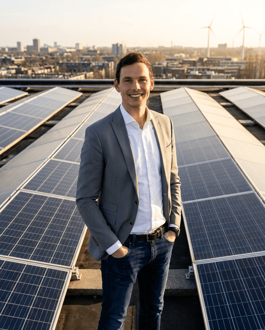 Ruud Lenderink op een dak tussen zonnepanelen
